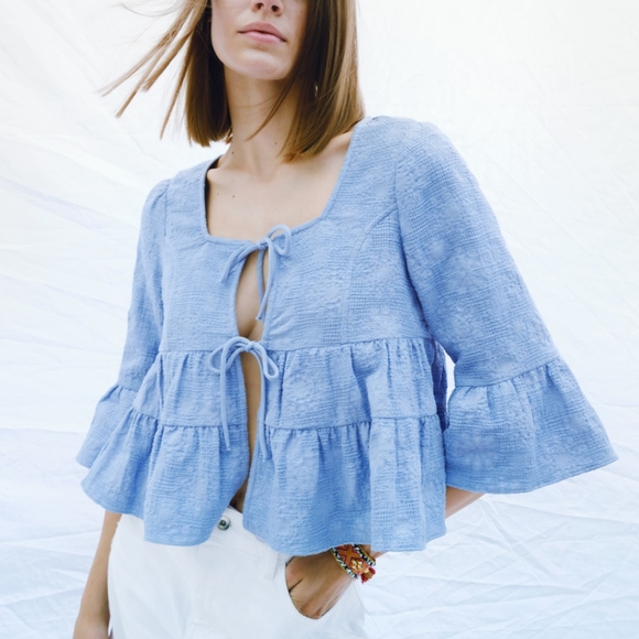 Zara Tops - Zara blue tiered bell sleeve tie front top